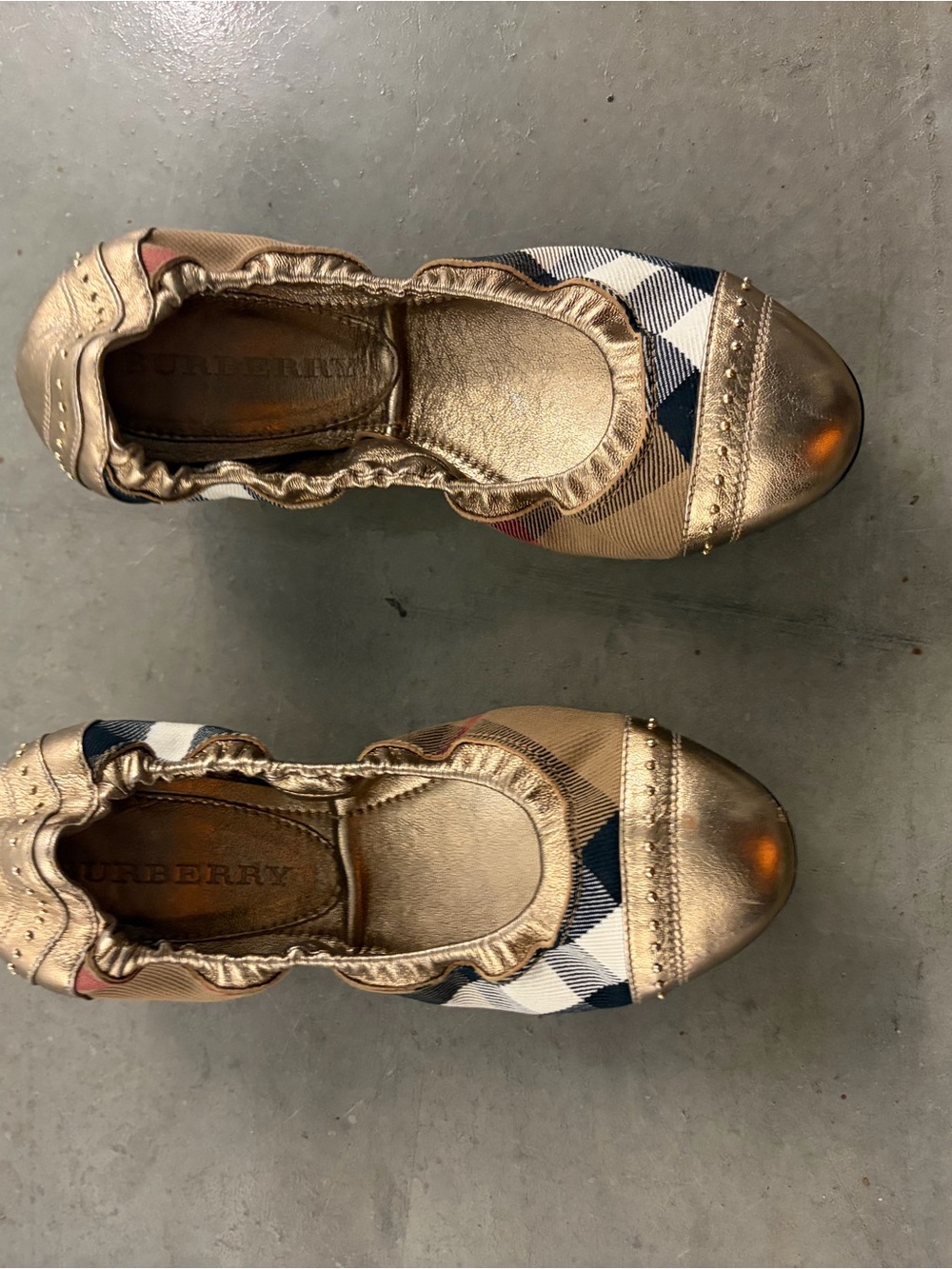 BURBERRY HOUSE CHECK GOLD LEATHER BALLET FLATS EU 36.5